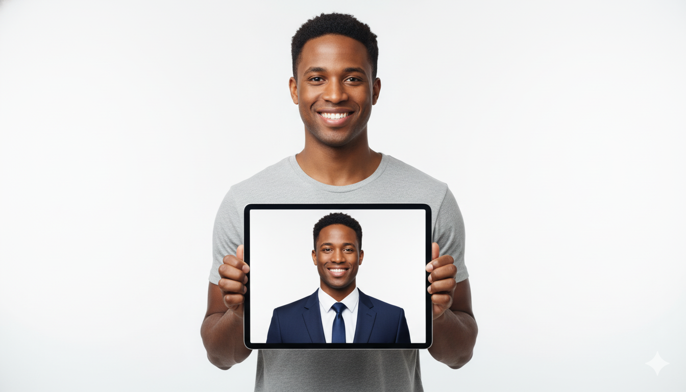 A diagram showing the process of uploading a selfie and getting multiple AI-generated headshots.