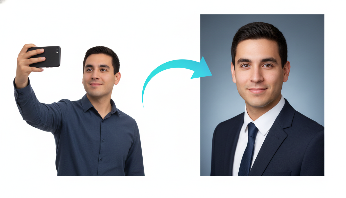 A person surrounded by different social media icons, with their AI headshot at the center.